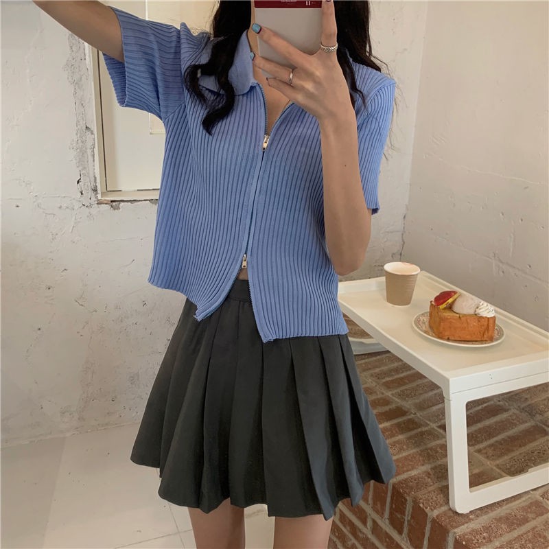 Sang trọng mùa hè Hàn Quốc phiên bản thuần màu ve áo hai đầu khóa kéo tính khí cắt ngắn đáy sơ mi nữ