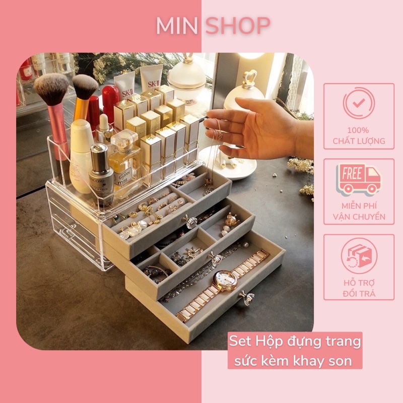 HỘP ĐỰNG TRANG SỨC ĐA NĂNG- HỘP ĐỰNG ĐỒ TRANG SỨC MIKA 3 TẦNG CAO CẤP BỌC NHUNG KÈM KHAY SON