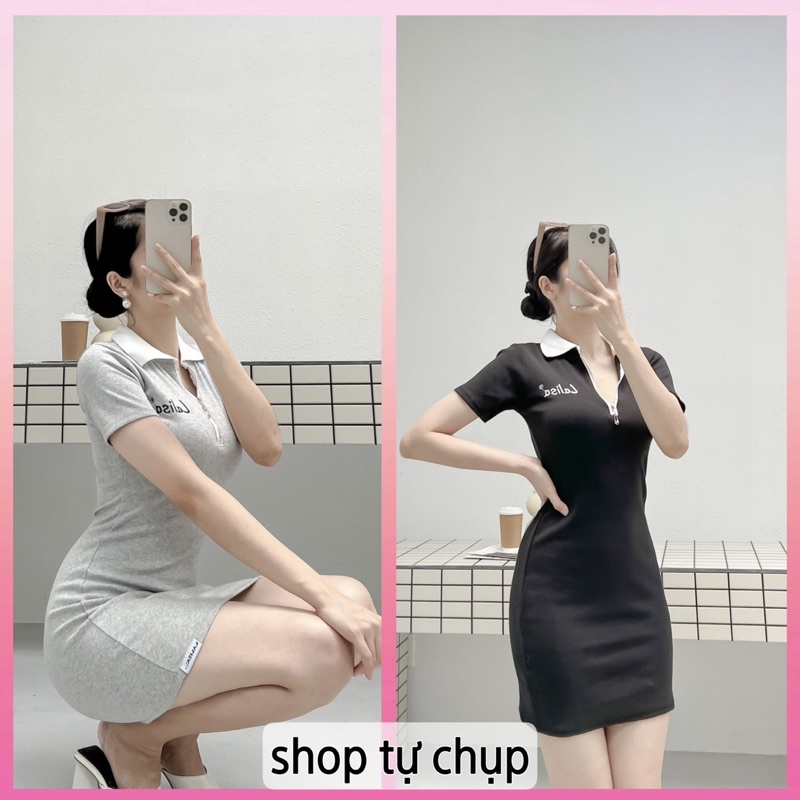 Đầm body POLO 2 màu  (Hình shop chụp)  Thun len gân  thêu chữ dây kéo sắt cá tính - Thời Trang VADA (Đ51)