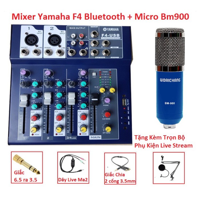 Combo Mixer Yamaha F4 Bluetooth, Micro Thu Âm Chuyên Nghiệp Bm 900, Chuyên Karaoke Online, Thu Âm, Trọn Bộ Live Stream