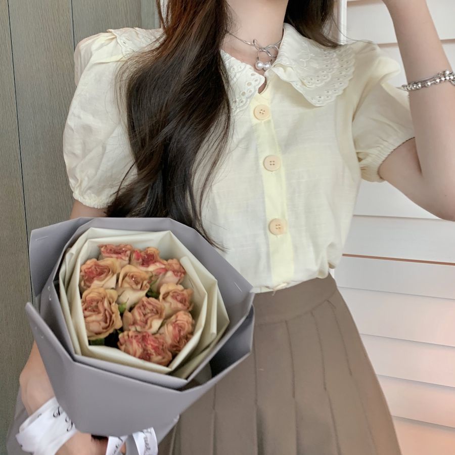 Áo Sơ Mi Ngắn Tay Cổ Búp Bê Khoét Nhiều Lớp Thời Trang Mùa Hè Cho Nữ