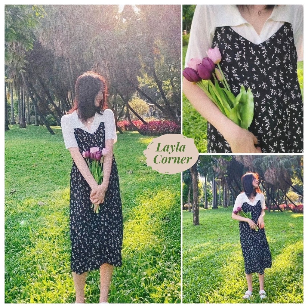 Váy 2 dây hoa nhí Vintage thiết kế dài qua gối dáng suông cho nàng thơ mùa hạ