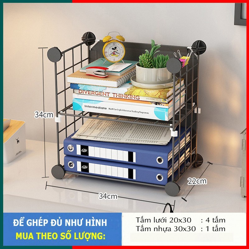 Kệ Sách Mini Để Bàn, Giá Đựng Sách Để Bàn Lắp Ghép Từ Tấm Lưới Thép Sơn Tĩnh Điện Chống Gỉ (Tặng Kèm Chốt)