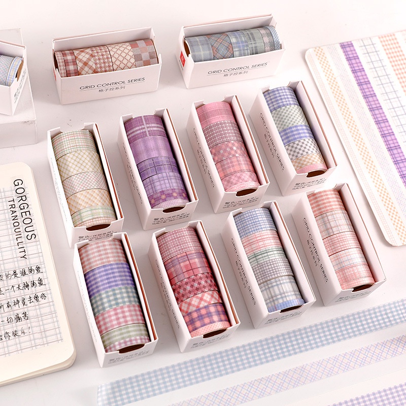 Hộp washi tape họa tiết kẻ caro cute 6 cuộn vintage xinh yêu dán sổ tay