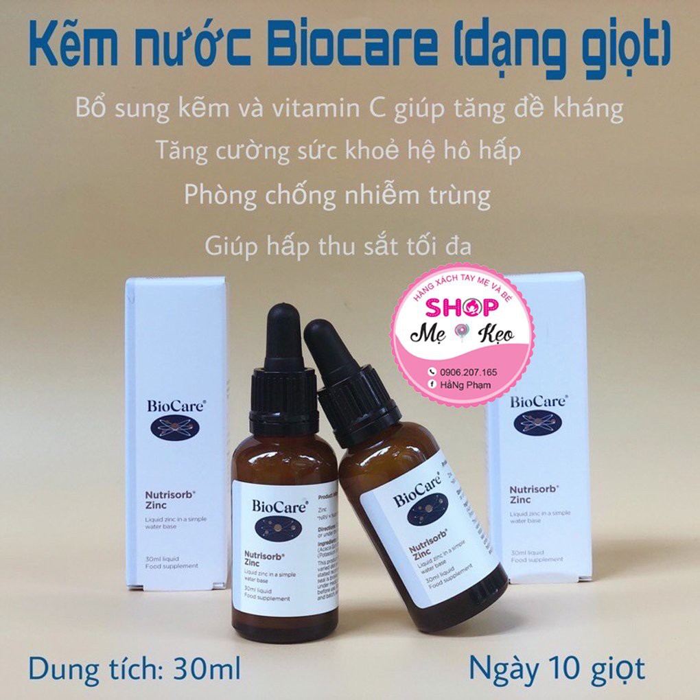 Kẽm nước BioCare Nutrisorb ZinC, Anh (30ml dạng giọt) tăng cường đề kháng cho trẻ sơ sinh từ 3 tháng tuổi