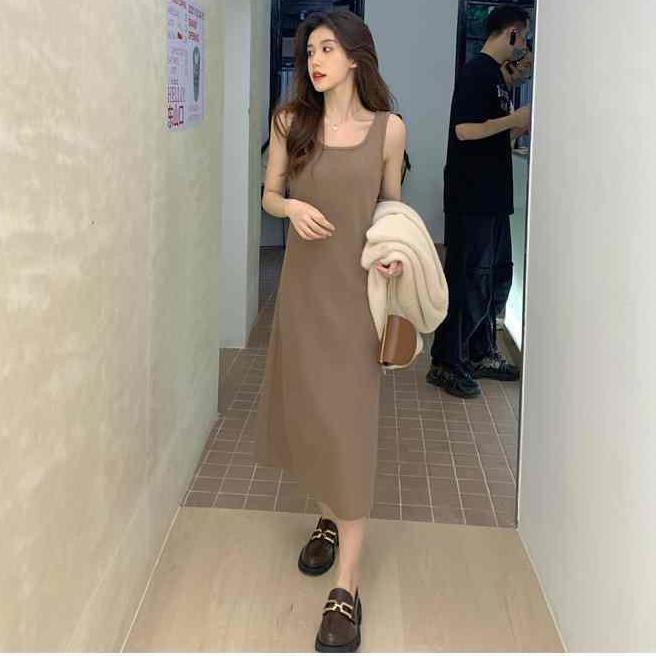 Set áo khoác + đầm hai dây thời trang thu đông Hàn Quốc 2021