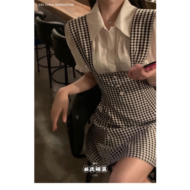 Set Đầm Ngắn Sọc Ca Rô + Áo Sơ Mi Trắng Phong Cách Pháp Thời Trang Mùa Hè Mới Cho Nữ | BigBuy360 - bigbuy360.vn