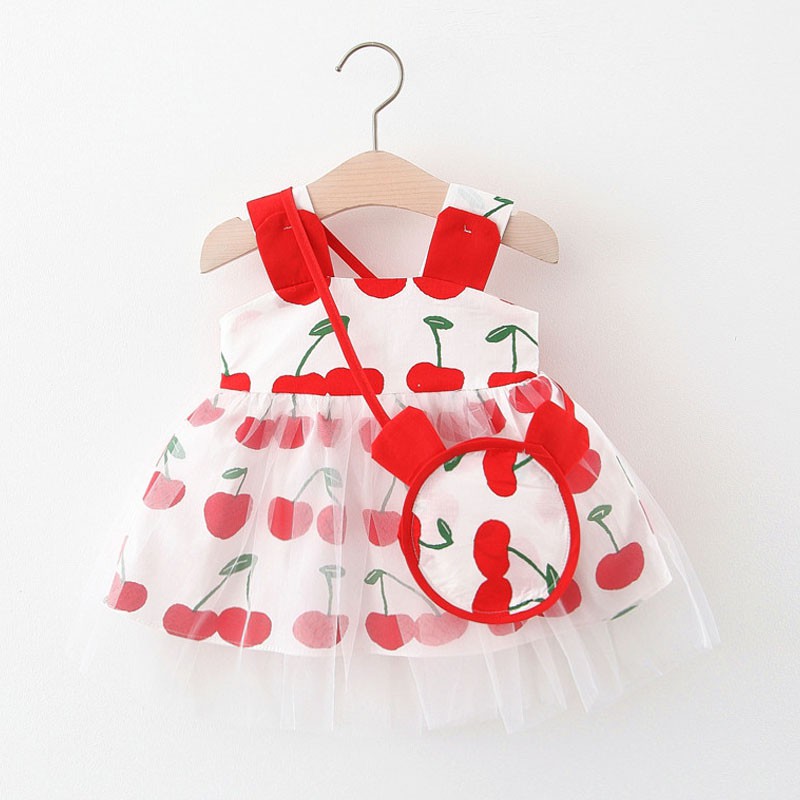 Đầm Công Chúa Mùa Hè Hai Dây Bằng Vải Cotton Phối Lưới In Họa Tiết Quả Cherry Thời Trang Mới 2023 Cho Bé Gái 0-3