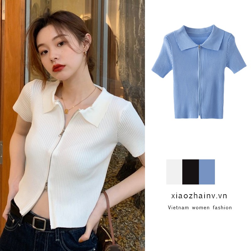 Xiaozhainv Áo Cardigan Màu Trơn Thiết Kế Dây Khóa Kéo Quyến Rũ