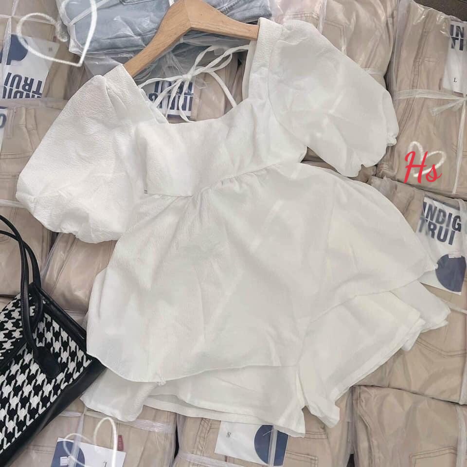 Bộ nữ babydoll Rosyhana, set quần áo nữ chất đũi thắt nơ lưng màu trắng phong cách Hàn Quốc Ulzzang dành cho n