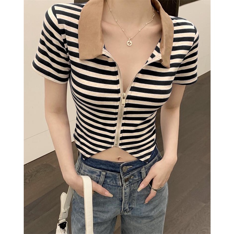 QKOOLE Áo Thun Tay Ngắn Có Khóa Kéo Phong Cách Hàn Quốc Cho Nữ