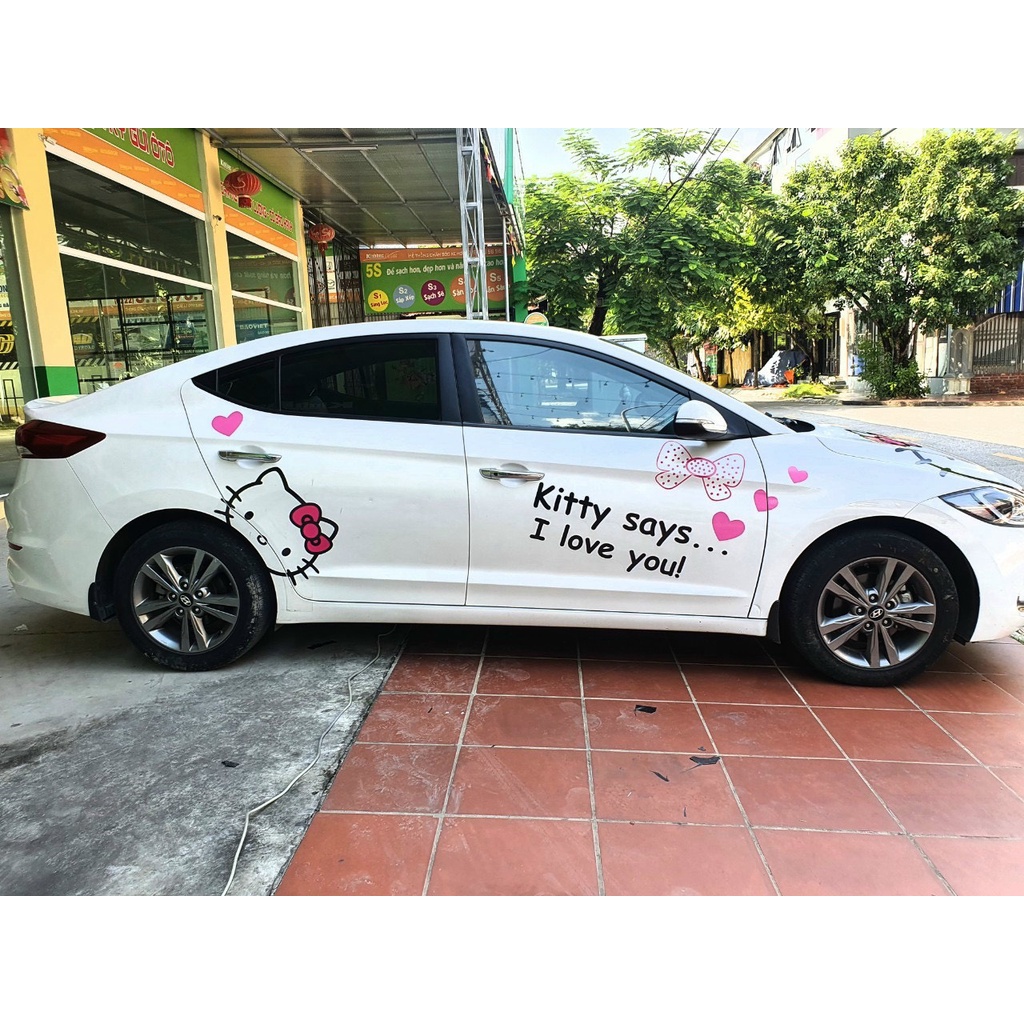 Decal_Tem Sticker hình nhân vật Hello Kitty cute_dán trang trí xe ô tô