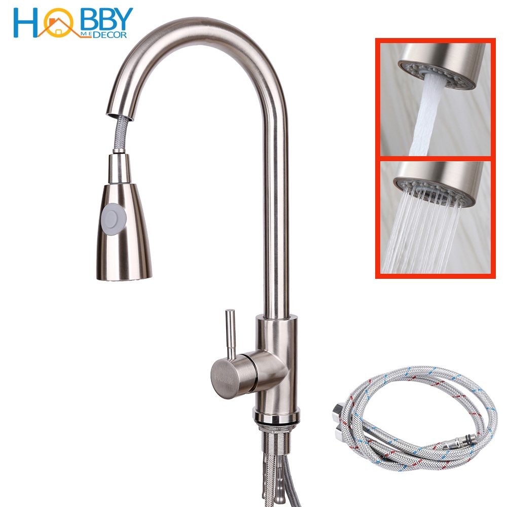 Vòi nước rửa chén dây rút nóng lạnh gắn chậu rửa HOBBY Home Decor VDR1 inox 304 có 2 chế độ phun tăng áp kèm dây cấp