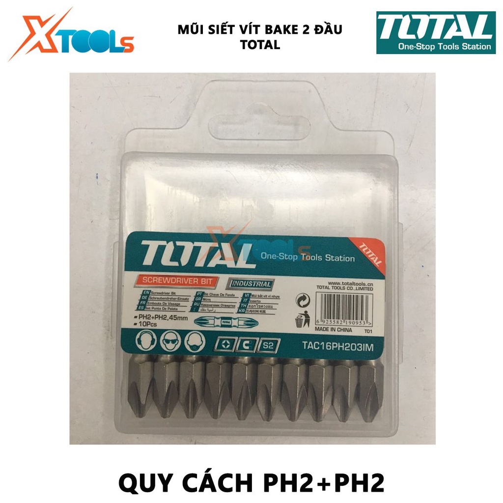 Mũi siết vít bake 2 đầu TOTAL | bộ 10 mũi siết vít bake quy cách PH2+PH2 chiều dài 45mm - 150mm [CHÍNH HÃNG] [XTOOLs]
