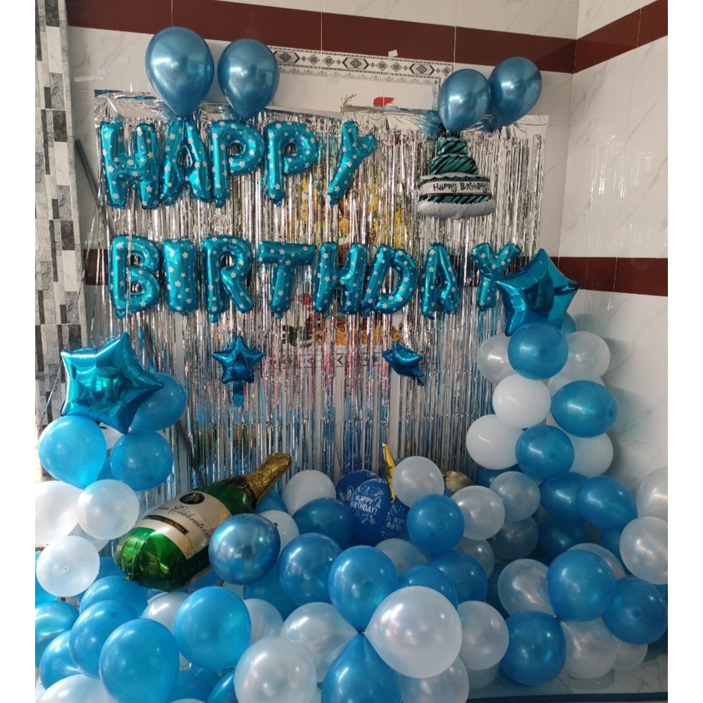 Combo Trang Trí Tiệc Sinh Nhật 2 Rèm Kim Tuyến, Bóng Chữ Happy Birthday và 50 bong bóng tròn+ bóng sao +bơm keo