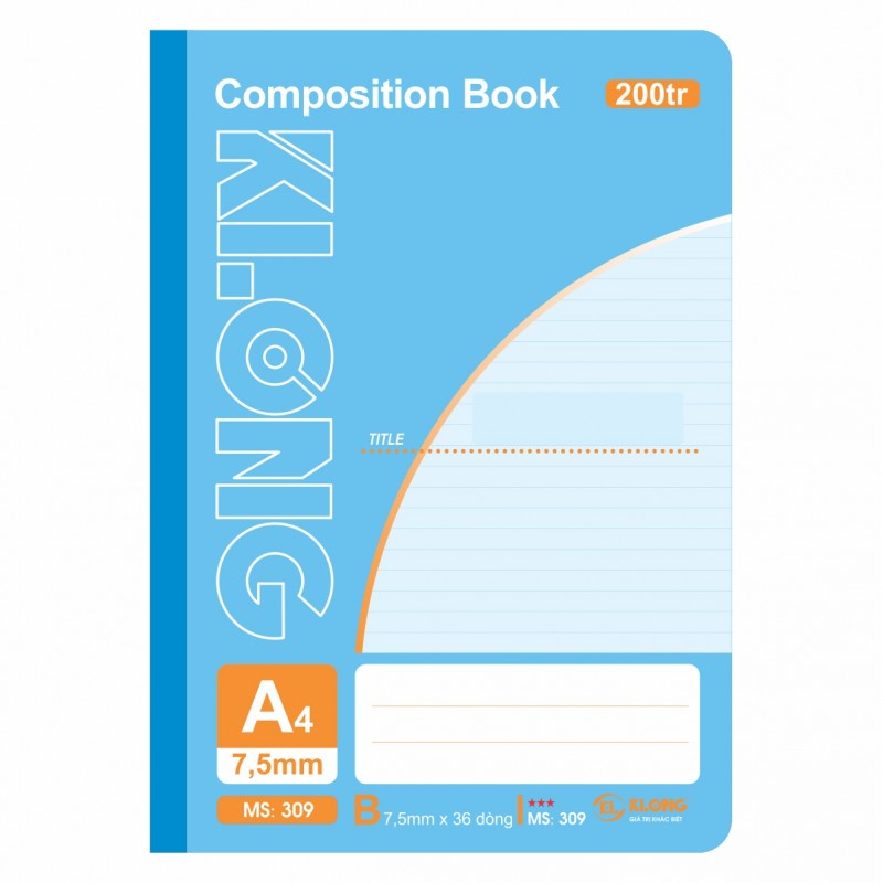 Vở A4 kẻ ngang Klong 200 trang Ms 309 [Chọn Màu] may dán gáy Compostion Book, sổ Klong