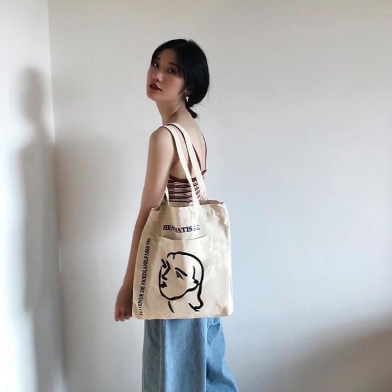 Túi Tote Vải Canvas Đeo Vai Phong Cách Vintage Hình Cô Gái