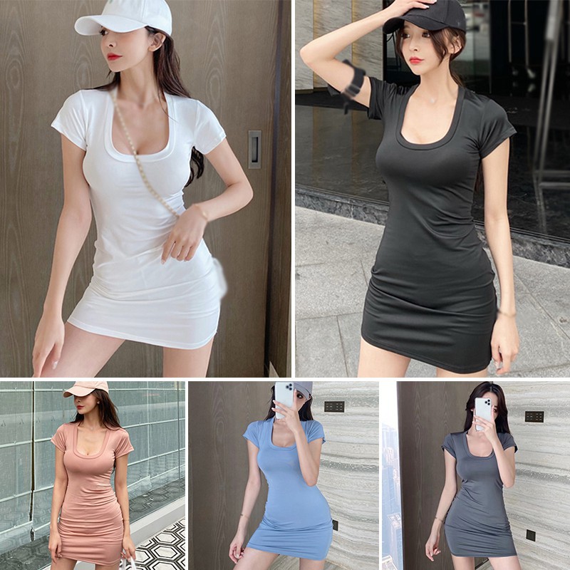 Đầm Thun Tay Ngắn Cổ Chữ U Màu Trơn Thiết Kế Ôm Sát Tôn Dáng