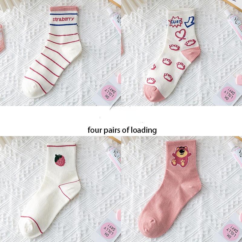 Vớ Dài Trung Bình In Họa Tiết Dâu Tây / Gấu Hoạt Hình Dễ Thương Thời Trang Mùa Đông Nhật Hàn Cho Nữ