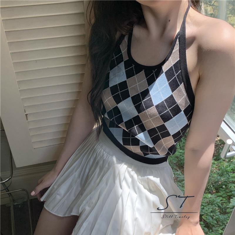 NFW-Áo hai dây dệt kim cổ chữ U không tay họa tiết hình thoi màu xanh dương/tím thời trang mùa hè cho nữ