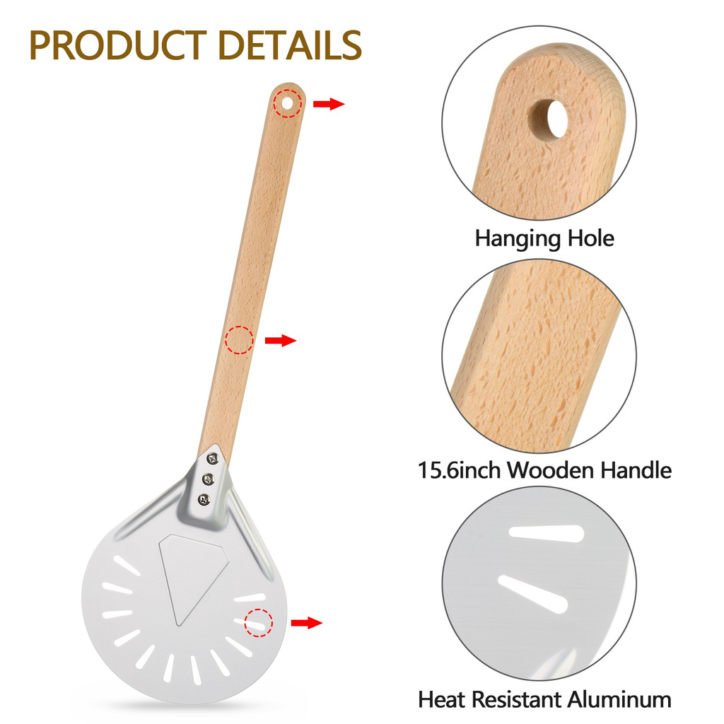 💜ZAIJIE💜 Aluminum Pizza Peel Bakers Paddle Perforated Grill Non-slip Wood Handle Bread Shovel