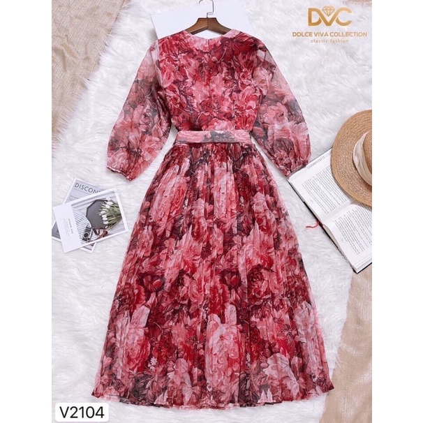 V2104 váy voan hoa dài tay màu đỏ