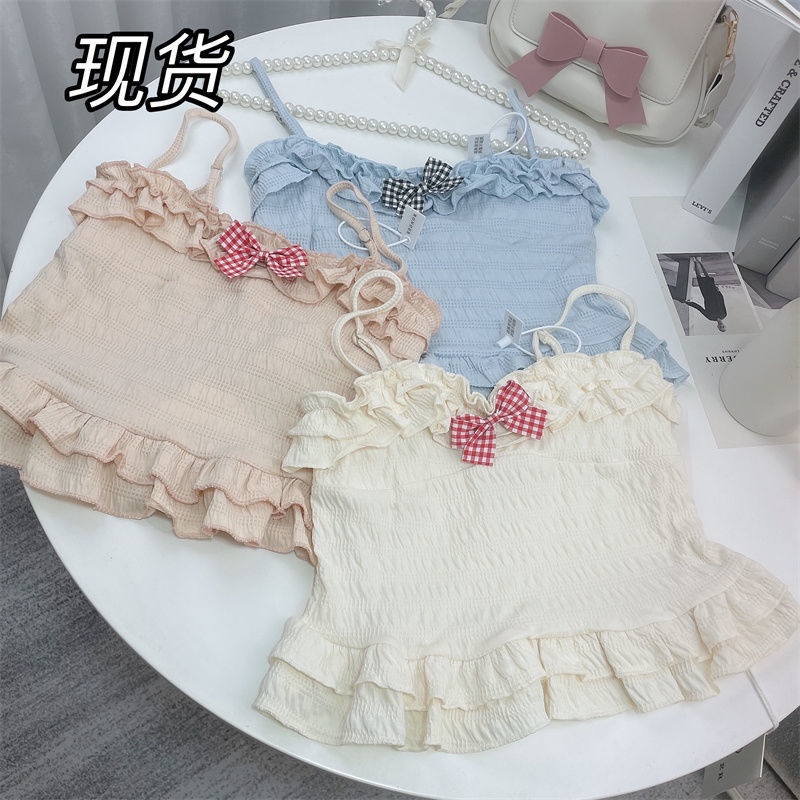 Jiashucheng Áo Hai Dây Mùa Hè Mỏng Nhẹ Màu Trơn Đính Nơ Phong Cách Nhật Bản Dễ Phối Đồ Cho Nữ