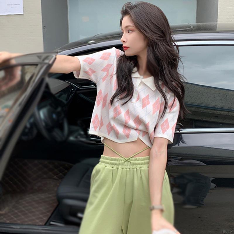 Áo Croptop Dệt Kim Tay Ngắn Kẻ Sọc Ca Rô Kiểu Hàn Quốc Dễ Thương Cho Nữ | BigBuy360 - bigbuy360.vn