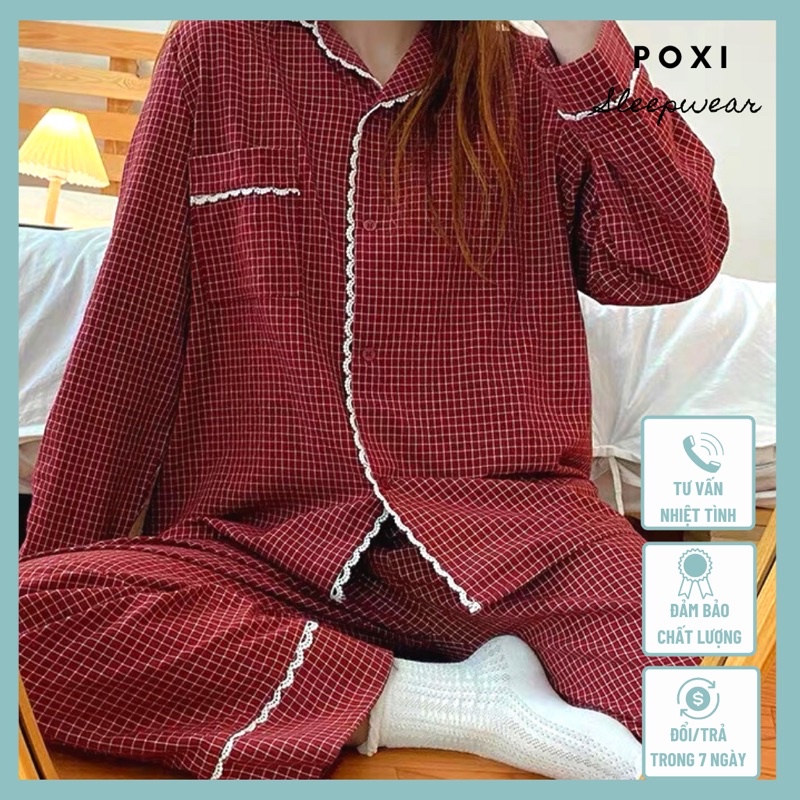 Đồ bộ ngủ Pyjama nữ hoạ tiết sọc caro kèm viền trắng