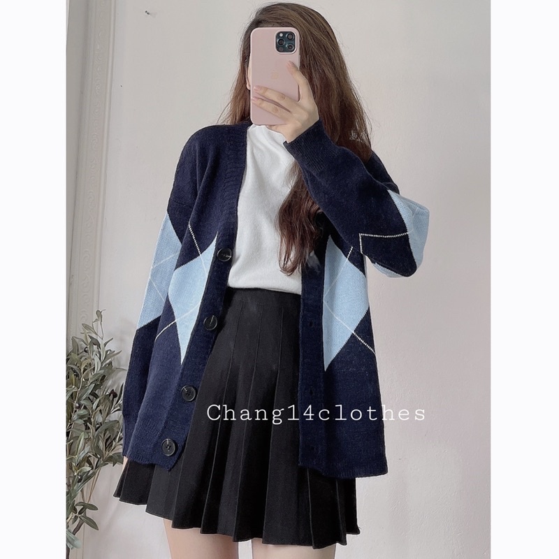 Áo khoác len nữ  Cardigan Dệt Kim Tay Dài Cổ Chữ V Họa Tiết Hình Thoi Phong Cách Hàn Quốc form rộng sẵn xanh | BigBuy360 - bigbuy360.vn