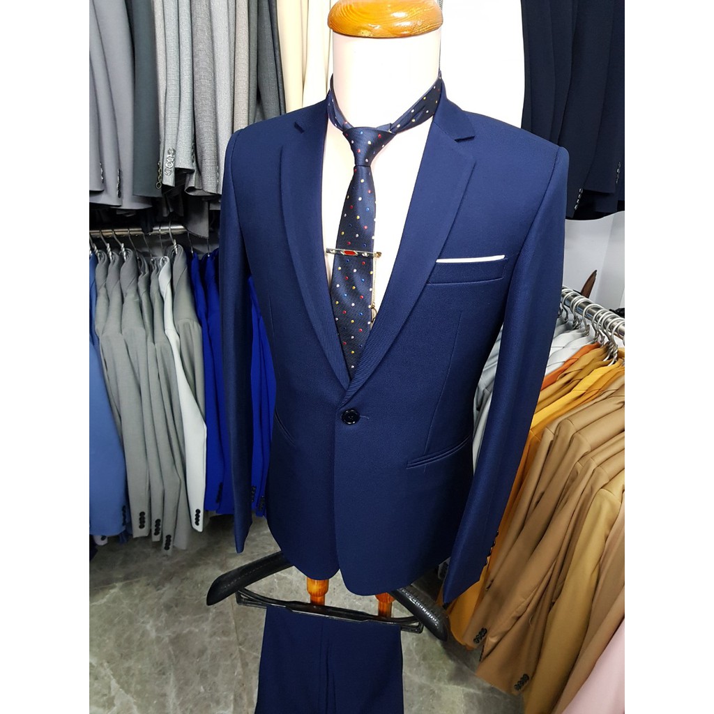 Bộ vest nam ôm body tông xanh đen sáng chất liệu vải nhập cao cấp tặng combo phụ kiện