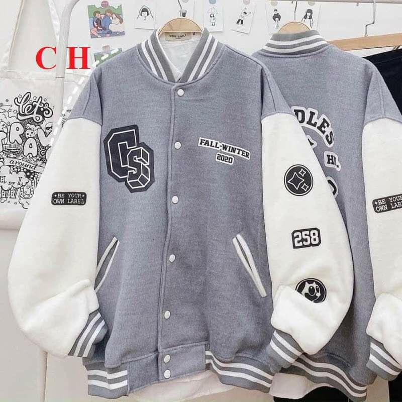 Áo Khoác Bomber CS chất nỉ da cá tàu dầy đẹp mịn ko xù màu tàn phối trắngUnisex form &lt;65kg thu đông giữ nhiệt