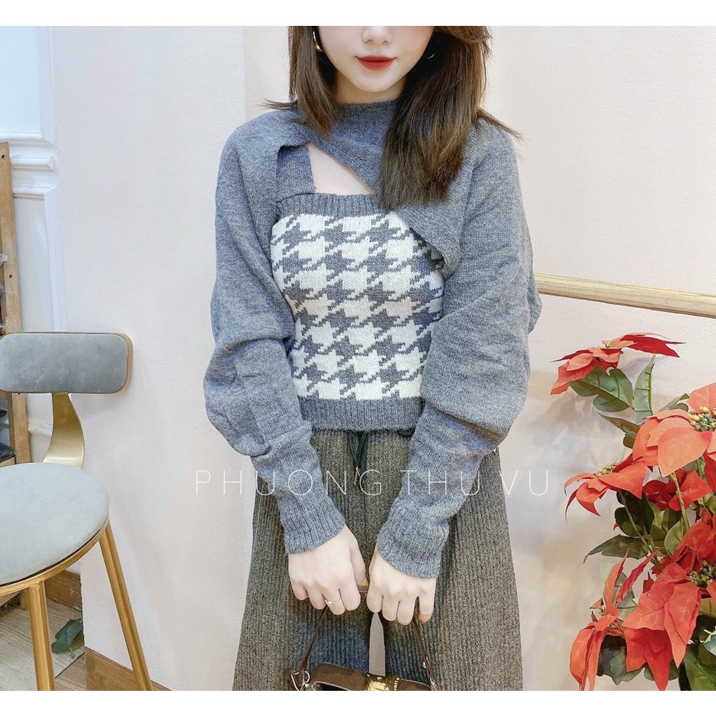 Set len nữ, áo khoác len cardigan nữ kèm áo 2 dây siu hót dáng yêu cực luôn phom xinh dễ mặc hàng quảng châu cao cấp