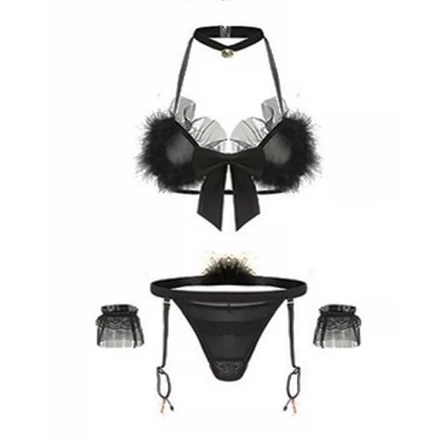 QR1219 - Set Nội Y Phối Lông - Phong Cách Mèo Dễ Thương - Quần Đuôi Mèo Không Đáy Gợi Cảm