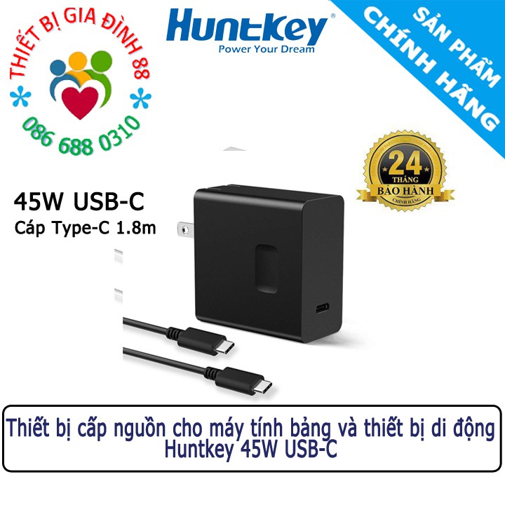 Adapter Bộ sạc và cáp sạc cho Máy tính bảng và Thiết bị di động Huntkey 45W USB-C Chính Hãng BH 24 tháng