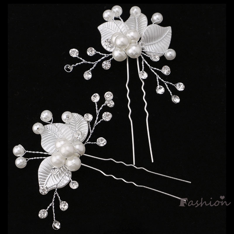 Set 2 Trâm Cài Tóc Hình Hoa Đính Ngọc Trai Giả Xinh Xắn Cho Cô Dâu