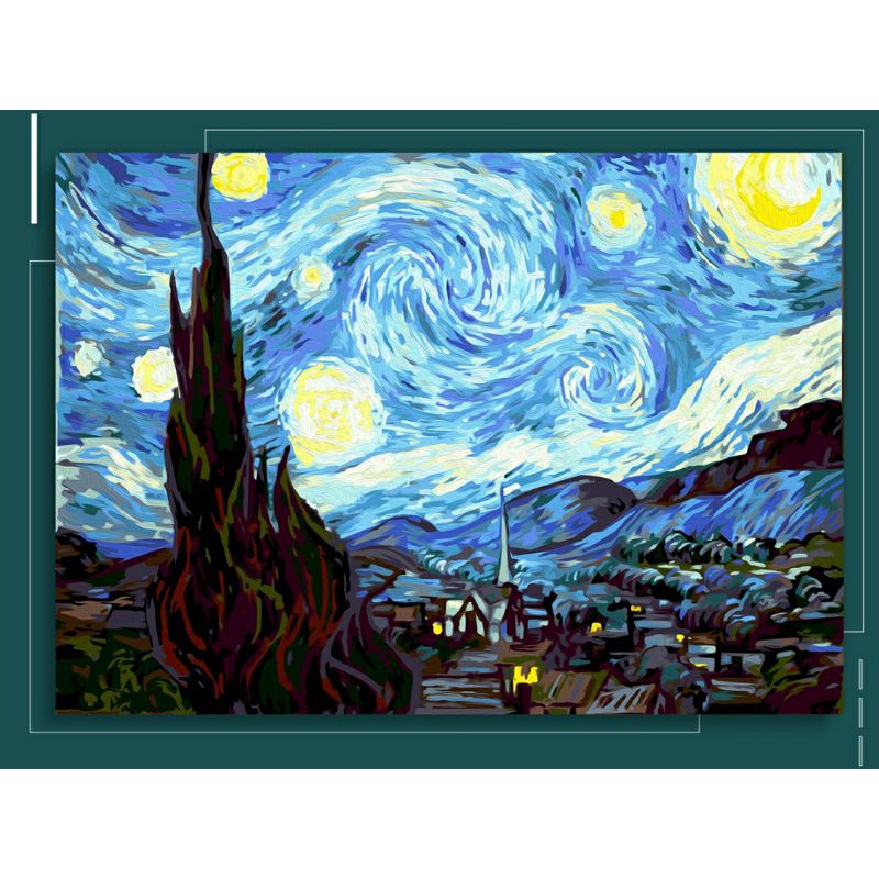[SẴN] Tranh sơn dầu số hóa DIY khổ 40x50cm đã căng khung- Tranh &quot;The Starry Night&quot; Van Gogh