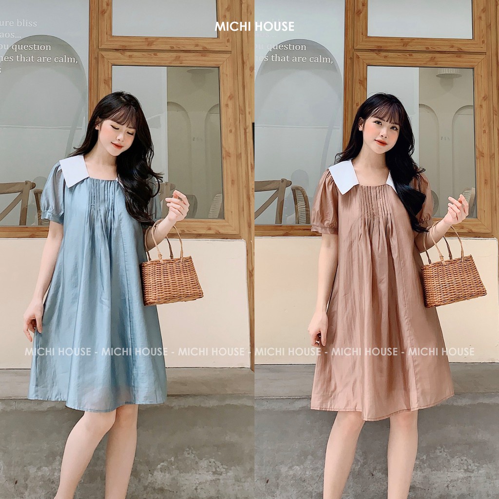 Váy Suông Chữ A Cổ Trắng Ngắn Tay Vải Tơ Dáng Xuông Ngắn Đầm Bầu Thiết Kế Form Rộng Freesize Bigsize V278 Michi House -
