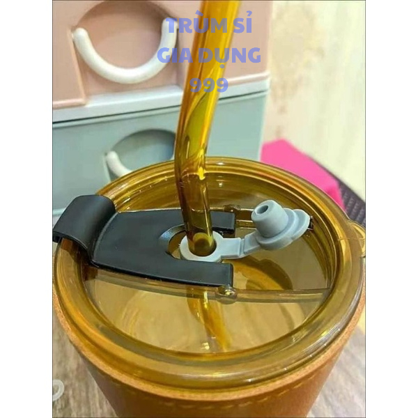 Cốc Thủy Tinh Màu Hổ Phách Bọc Da Cao Cấp 450ML, Cốc thủy tinh có nắp đậy kèm ống hút sang chảnh 400ml, Ly thủy tinh