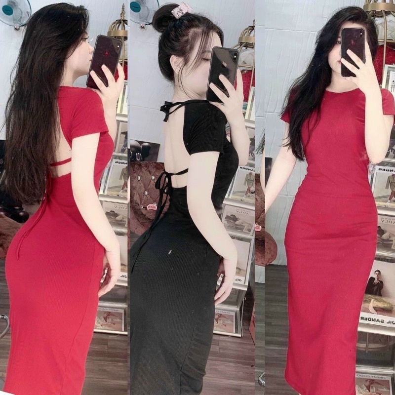 CÓ MÚT NGỰC ĐẦM MAXXI TAY NGẮN HỞ LƯNG CỘT DÂY NƠ SAU LƯNG