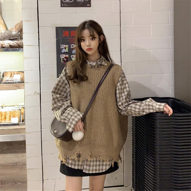 Bộ áo sơ mi tay dài kẻ sọc + áo khoác len không tay phong cách Hàn Quốc hợp thời trang cho nữ