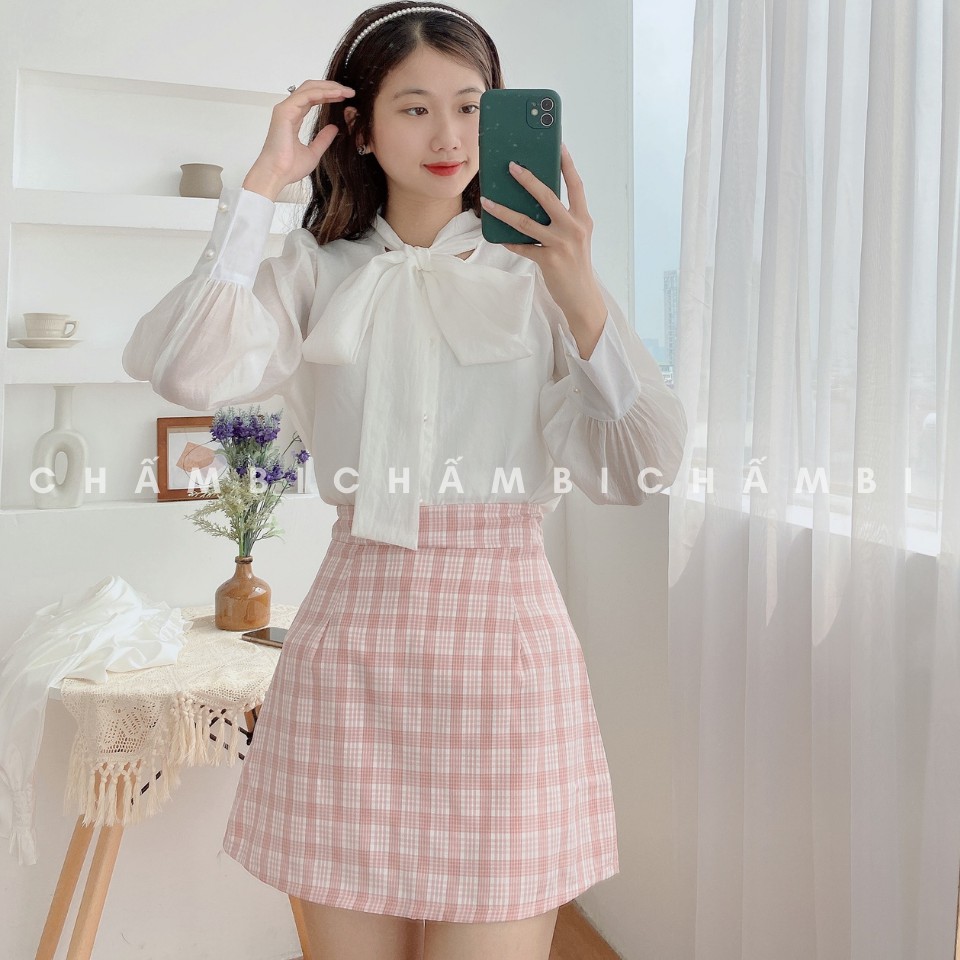 Áo Sơ Mi Voan Cổ Nơ To Bản Hàng Cúc Ngọc Siêu Xinh Freesize<52Kg - A.165