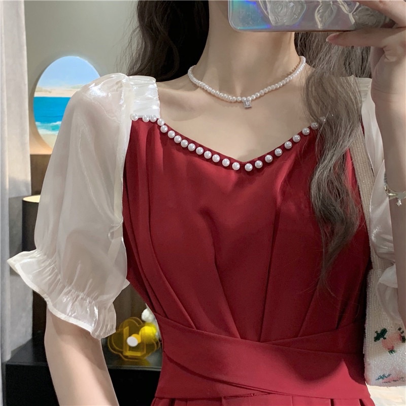 Đầm Maxi Tay Bồng Ngắn Tay Đính Viền Ngọc Dây Đan Eo Cực Đẹp