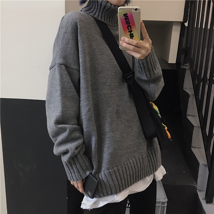 Áo sweater tay dài cổ lọ dáng rộng màu trơn phong cách Hàn Quốc trẻ trung dễ phối đồ