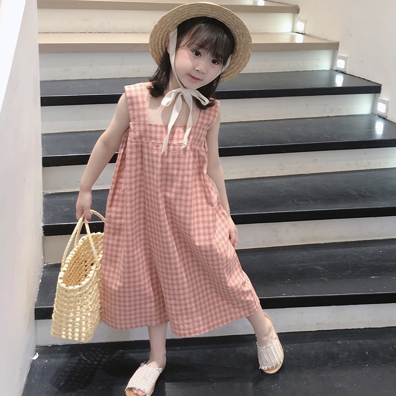 Áo liền quần Hai Dây Họa Tiết Sọc Caro Phong Cách Hàn Quốc Thời Trang Mùa Hè Cho Bé Gái