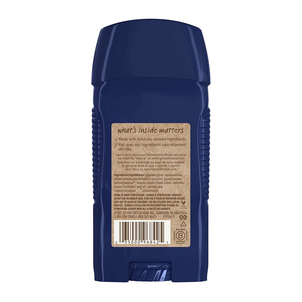 Lăn khử mùi nam dạng sáp Tom's of Maine Men's Wide Stick Natural Deodorant Mountain Spring 79g (Mỹ)