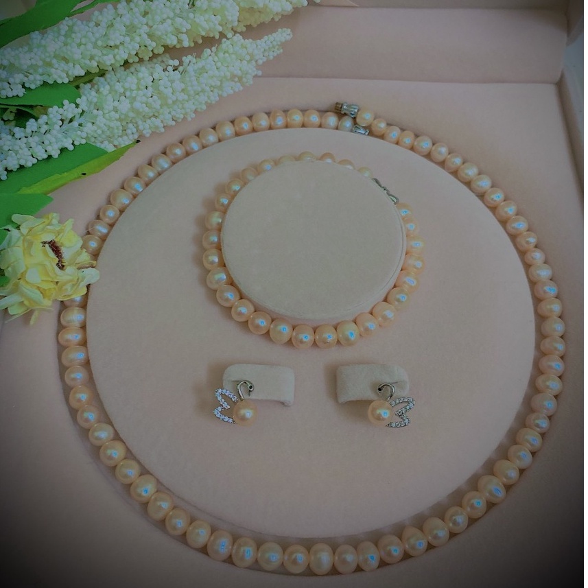 Bộ trang sức trai thật tự nhiên nuôi nước ngọt 6li hồng ánh cam hạt tuyển bóng đẹp gồm vòng cổ, vòng tay