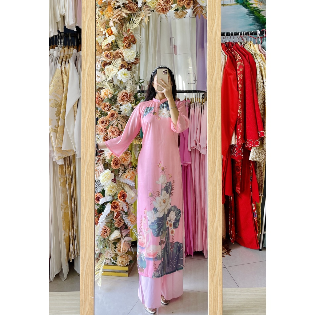 Áo dài tơ cách tân 4 tà tay loe lửng Hoa sen cực xinh