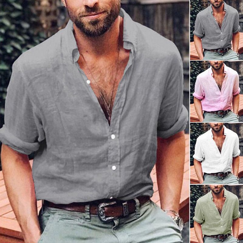 Áo Sơ Mi Vải Lanh Dài Tay Cổ Chữ V Dáng Rộng Thời Trang Mùa Hè Cho Nam Cỡ M-3XL