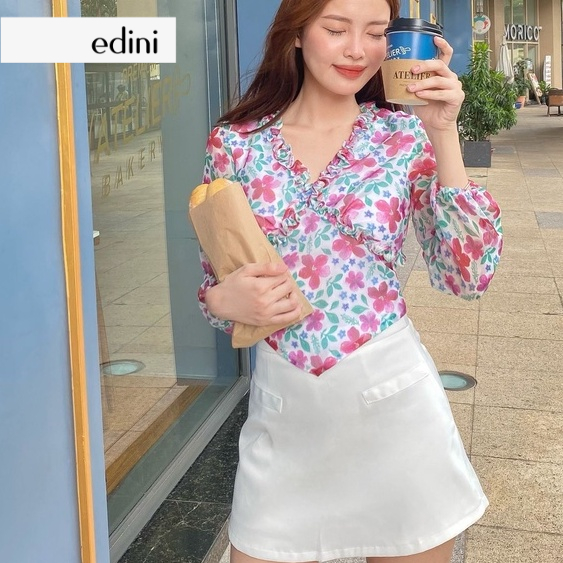 Áo Kiểu Tay Phồng Phối Bèo Nền Hoa - EDINI - A1432